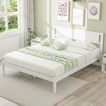 KOMFOTT Full Size Wood Platform Bed Frame with Headboard, Mid-Century Bed Frame with Wooden Slats Support & Under Bed Storage Space, No Box Spring Required Mattress Foundation (White)