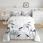 Dandelion Comforter Set Twin Size,Colorful Dragonfly Bedding Set 2pcs for Kids Girls Boys Teens Bedroom Decor,Nature Flying Animals Plants Quilted Duvet Modern Boho Bedspread,1 Pillowcase,White