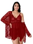 Fihana Women's Babydoll Dress | Net and lace | Solid Above Knee Nighty | Babydoll Dress Short | Babydoll Nightwear Robe | Robe with Penty | Adorable Babydoll Dress Women Pack 2 Piece Combo, Red (S,1)