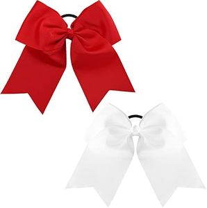 Semjikoy 2 Pack Cheer Bows, Red & White Cheer Bow for Girls Cheerleaders, 6.7in Bows Elastic Band Handmade Cheerleading Bows Hair Accessories for School Sports Softball