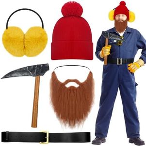 Vinsatin 5 Pcs Halloween Christmas Stop Motion Animated Television Special Major Character Prospector Include Red Beanie Hat Ear Muff Leather Belt Pickaxe Full Beard Mustache Costume Cosplay Accessory