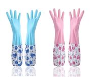 GDNK Reusable Rubber Latex PVC Flock lined Long Sleeves elbow length Hand Gloves for Kitchen Dish-Washing, Cleaning Gloves (2 Pair) (Blue + Pink)