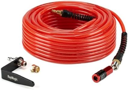 RayMagic Air Compressor Hose 1/4 Inch x 100 Feet Flexible Reinforced Polyurethane(PU) Air Hose 300PSI With 5IN1 Universal 1/4" Swivel Coupler&Plug, Strain Reliefs, 1PCS Hook For Nailer(Red)