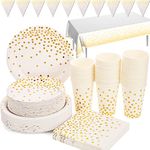 White and Gold Party Supplies 99 Pieces Golden Dot Party Tableware Includes Paper Plates, Napkins, 9oz Cups, Tablecloth, Banner, for Bridal Shower, Engagement, Wedding, Birthday, Serves 24