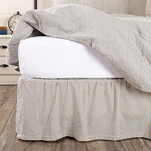 VHC Brands Hatteras Seersucker Ticking Striped Cotton Americana Split Corners Gathered Twin Bed Skirt, 39x76x16, Denim Blue