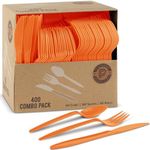 PLASTICPRO 400 Pack Disposable Plastic Utensils Assorted Colored Cutlery Combo Set Forks Spoons Knives Silverware, Orange Plastic Cutlery for Parties