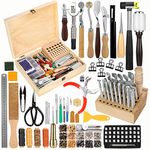 424 Pcs Leather Tools, Leather Working Tools and Supplies, Leather Craft Kits with Instructions, Leather Sewing Kit, Leather Tool Holder, Wooden Storage Box, Leather Stamping Set