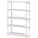 Bookshelf, 5-Tier Industrial Bookcase, White Open Book Shelf, Freestanding Tall Bookshelves with Metal Frame