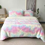 BlessLiving Faux Fur Pink Velvet Bedding - Rainbow Unciorn Fuzzy Duvet Cover Set Pastel Color - 3 Piece Girls Women Soft Fluffy and Comfortable Comforter Cover and 2 Pillow Cases (Double)