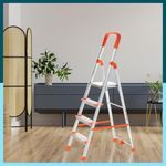 Houza 4 Step Foldable Aluminium Ladder for Home | Ladder with Anti-Slip Shoes | Slip Prevention Steps | Durable, Heavy Duty, Safe, and Stylish | Made in India (Orange)