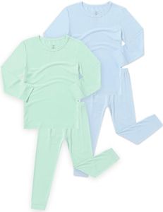 JunNeng Bamboo Viscose Pajamas for Toddler Baby, Boys Girls Solid Snug Fit Pajamas Long Sleeve Sleeper, Green+Blue 7-8 Years