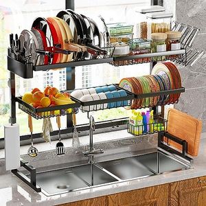 ilvvan Over Sink Dish Drying Rack (Expandable Height/Length) Snap-On Design Large Dish Drainer Stainless Steel Storage Counter Organizer (31-39.5L x 12W x 34-38H (inches)), Black