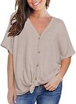 MIHOLL Womens Loose Blouse Short Sleeve V Neck Button Down T Shirts Tie Front Knot Casual Tops (XX-Large, Oatmeal)