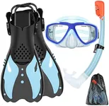 KUYOU Youth Snorkel Set for Ages 7-16 - Anti-Fog Mask, Full Dry Top Snorkel, Adjustable Fins - Premium Quality, Comfortable and Durable Set for Teen Snorkelers (Sea Sky Blue)