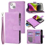 RANYOK Wallet Case for iPhone 14 (6.1 inch) with RFID Blocking Credit Card Holder, Premium PU Leather Zipper Pocket Flip Folio Case Wallet with Wrist Strap Kickstand Protective Case, Purple