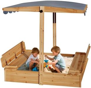 RUNSHED Wooden Sandbox for Outdoor Backyard, 48x48in Large Sand Box with Canopy for Aged 3-12 Years Old, Kid Sand Pit with 2 Foldable Bench Retractable Roof Bottom Liner (Brown)