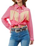 JOHN MOON Women's Fringe Western Button Down Shirts with Studs Floral Embroidered Cowgirl Tops Country Style Snap Blouses, Pink, X-Large