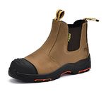 SAFEYEAR Heavy Duty Men Safety Work Boots, S3 Tan Site Dealer Safety Trainer Shoes, 4E Wide Fit S3 Composite Toe Cap, Laceless Slip On Waterproof Leather for Site Construction, Comfortable Gel Insole