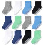 CozyWay Baby Anti Slip Crew Socks 12 Pairs with Grips for Toddlers Little Boys Girls Infants Kids Non Skid, Boys Solid Colors W/ Green, 3-5T