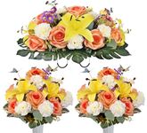 Saxili Artificial Flower Headstone Saddle with 2 Cemetery Bouquets - Yellow Lily Rose Carnations Daisy - Outdoor Decorations for Tombstone, Memorial Day, Sympathy