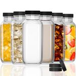 Eathtek Glass Drinking Bottle Jar 16oz 6-Pack Plastic Airtight Lids, Reusable Glass Water Bottle for Juicing, Smoothies, Kombucha, Tea, Milk Bottles, Square Vintage Homemade Beverages Bottle