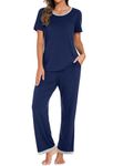 PrinStory Women's Pajama Set Short Sleeve Sleepwear Ladies Soft Pjs Lounge Set with Pockets X-Large Navy Blue