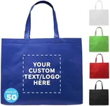 DISCOUNT PROMOS Custom Jumbo Sized Tote Bags Set of 50, Personalized Bulk Pack - Reusable Grocery Bags, Shopping Bags, Promotional Item Totes for Women - Blue