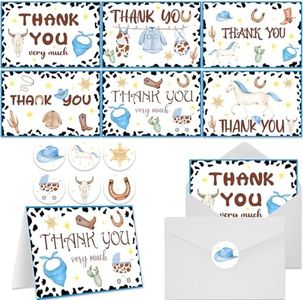 NODMIPNS 60 Pieces Little Cowboy Baby Shower Thank You Cards,Western Rodeo Thank You Cards Includes 30 Pieces Envelopes and 30 Pieces Cowboy Cards with Stickers for Baby Shower Wedding Bridal
