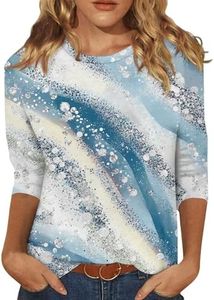 Spring Summer Shirts for Women 3/4 Length Sleeve Crewneck Tops Summer Loose Casual Loose Fit Floral Printed Solid Cute Blouse