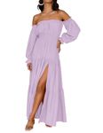 ZESICA Women's 2024 Boho Sexy Off Shoulder Long Sleeve Smocked High Waist Side Split Flowy A Line Tiered Long Maxi Dress, Purple, Large