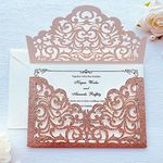 KUCHYNEE 5.1 x7.1 inch 50PCS Rose Gold Glitter Laser Cut Flora Wedding invitation Pocket with Envelopes Wedding Invitations Kit for Quinceanera Bridal Shower Party Invite