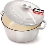 Mueller Cast Iron Dutch Oven Pot with Lid - 6 Quart Enameled, Dual Handles, Stainless Steel Knob, Stew Pot, Induction Pot - For Braising, Roasting, Baking - Cast Iron Bread Pan with Lid, White