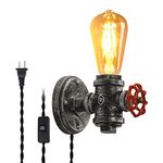 LUSTORM 1 Industrial Wall Lamp Sconce with Plug-in Cord, Silver Rustic Mounted Fixture Antique Pipe Steampunk Light Vintage E27 Retro Lighting Farmhouse for Bedrooms Living Room