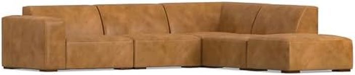 Simpli Home Rex Right Corner Sectional Modular Sofa and Ottoman Set in Full-Grain Genuine Leather, Sienna, 116-inch-wide L-Shaped Leather Sofa and Matching 34-inch-wide Table Ottoman for Living Room