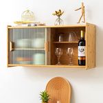 HollyHOME Small Bamboo Wall Mounted Kitchen Pantry Sideboard with 2 Doors, Coffee Wine Bar Storage Cabinet for Liquor and Glasses, Console Dining Cupboard for Bottle, Dish, Burlywood