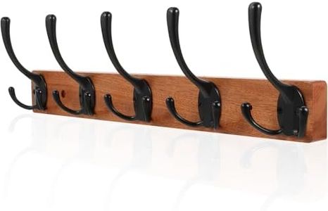 IBosins Wall Mounted Coat Rack, 16.9'' Long, Entryway Hanging Hooks Rack, Metal Wood Coat Rack with 5 Black Rustic Tri-Hooks, Wooden Decorative Hooks Rail for Coat, Scarf, Bag, Towel, Hat