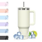 WATERSY Travel Mug Coffee Cup 40oz Tumbler Straw Lid and Handle, Stainless Steel Double Wall Vacuum Insulated Coffee Water Bottle Thermos for Cold Hot Coffee 1182ml Cream White