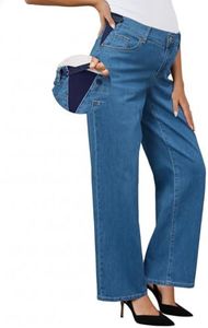 OUGES Womens Stretchy Maternity Jeans Loose Fit Straight Leg High Waist Denim Wide Leg Business Casual Work Pants Pregnancy Must Haves Mom Jeans Trendy Maternity Clothes with Pockets(Medium Blue,XL)