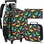 3PCS Rolling Backpack for Boys, Kids Dinosaur Roller Bookbag with Wheels, Wheeled School Bag Set for Elementary - Black