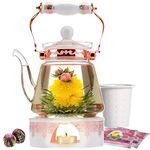 Teabloom Buckingham Palace Teapot & Flowering Tea Gift Set (6 Pieces) - Stovetop Safe Glass Teapot (40oz/1200ml), Porcelain Lid, Tea Warmer, Porcelain Loose Tea Infuser, 2 Gourmet Rose Blooming Teas