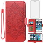 Asuwish Compatible with iPhone 5S 5 SE 2016 5SE Wallet Case and Tempered Glass Screen Protector Flip Card Holder Cell Phone Cover for iPhone5 iPhone5s iPhoneSE iPhone6se i 6SE iPhone5se Women Men Red