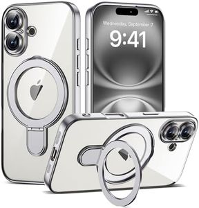 ETPESOK Compatible with iPhone 16 Case with Invisible Magnetic Ring Stand [Compatible with Mag-Safe] [Full Camera Lens Protector] Plating Clear Phone Case for iPhone 16 6.1", Silver