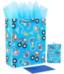 Jaywayang 12.6" Large Blue Race Car Gift Bag with Greeting Card and Tissue Paper for Boys (Monster Truck)