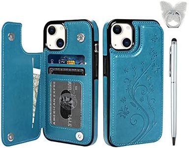 Compatible with iPhone 13 Flip Case, Wallet Case Embossed Butterfly Slim Folio Leather Cover Shockproof Card Holder Case with Pen and Ring Holder Designed for iPhone 13 6.1'' - Blue