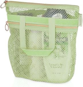 DV Lifestyle Mesh Shower Bag 10.2x9.9'' Quick-Dry Caddy with Zipper & 2 Pockets. Portable Toiletry Tote for Bathroom, Gym, Travel, Camp, Beach, for Sunscreen, Dorm & College Essentials (Light Green)