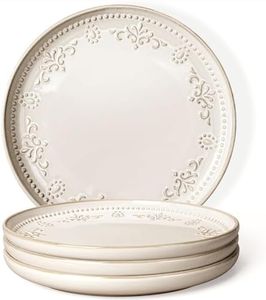 Artena Large Ceramic Dinner Plates Set Of 4, 10.75 Inch Embossed Kitchen Salad Plates, Modern Serving Plates For Restaurant, Plates With Lipped Edges, Microwave Dishwasher Safe (Damask Floral)
