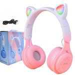 Kids Wireless Headphones, Cat Ear Childrens Foldable Headset with LED Light Bluetooth Over Ear Earphones HD Stereo Sound for Girls Boys Gift Age 5+ (Gradient Pink)