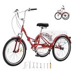 VEVOR Folding Adult Tricycle, 26-Inch 7-Speed Adult Folding Trikes, Carbon Steel 3 Wheel Cruiser Bike with Basket & Adjustable Seat, Shopping Picnic Foldable Tricycles for Women, Men, Seniors (Red)