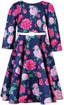 BONNY BILLY Girls Classy Vintage Floral Swing Kids Party Dress with Belt, Navy Blue&pink (3/4 Sleeve), 7-8 Years