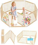 CONKKA Foldable Wooden Baby Playpen Play Yard for Babies and Toddlers, 2 in 1 Large Portable Fence Custom Tall Wood Gate with Adjustable Size & Shape for Infants 6-12 Months Indoor/Outdoor Area